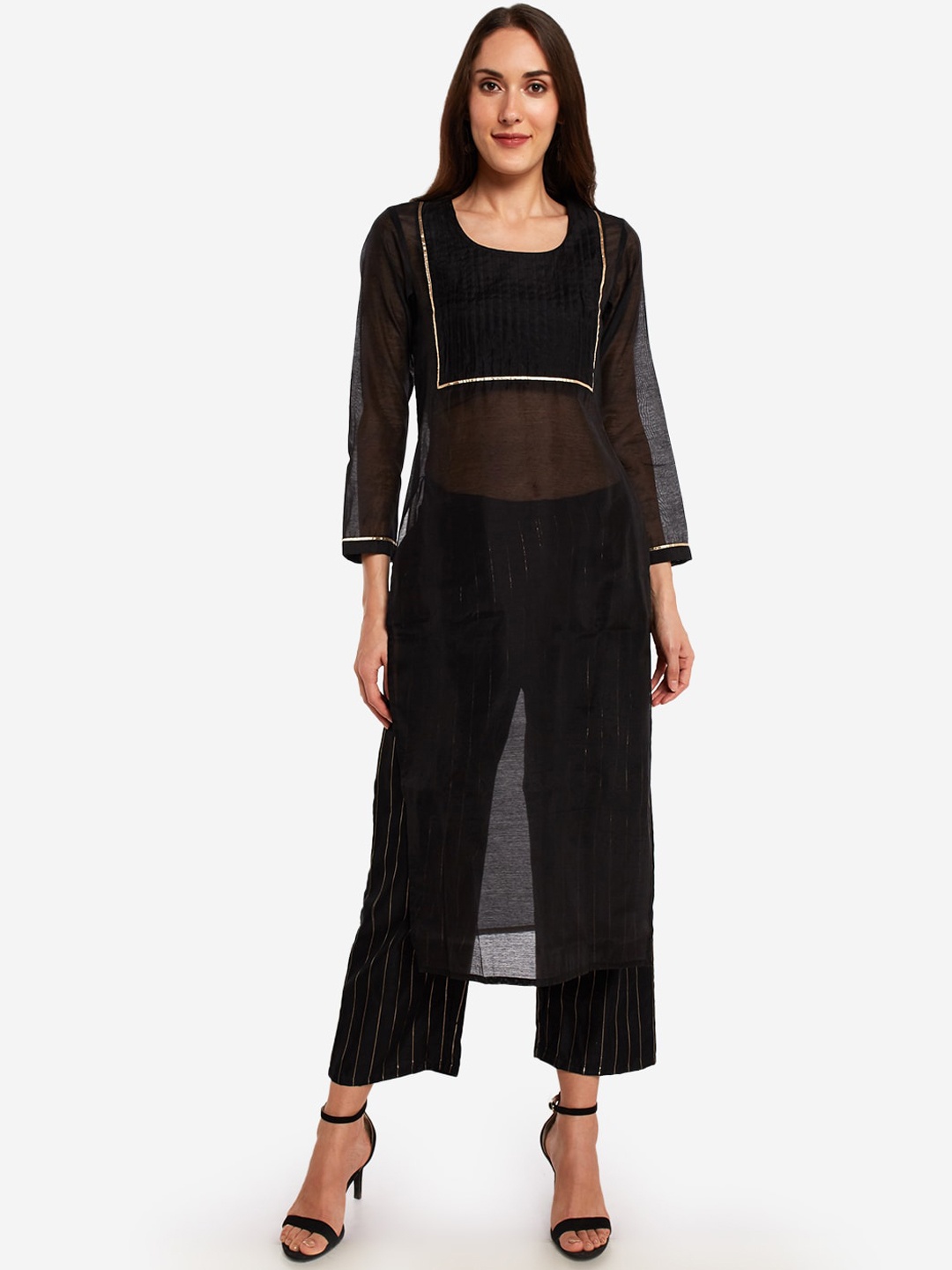 

Desi Weavess Black Art Silk High Slit Kurta