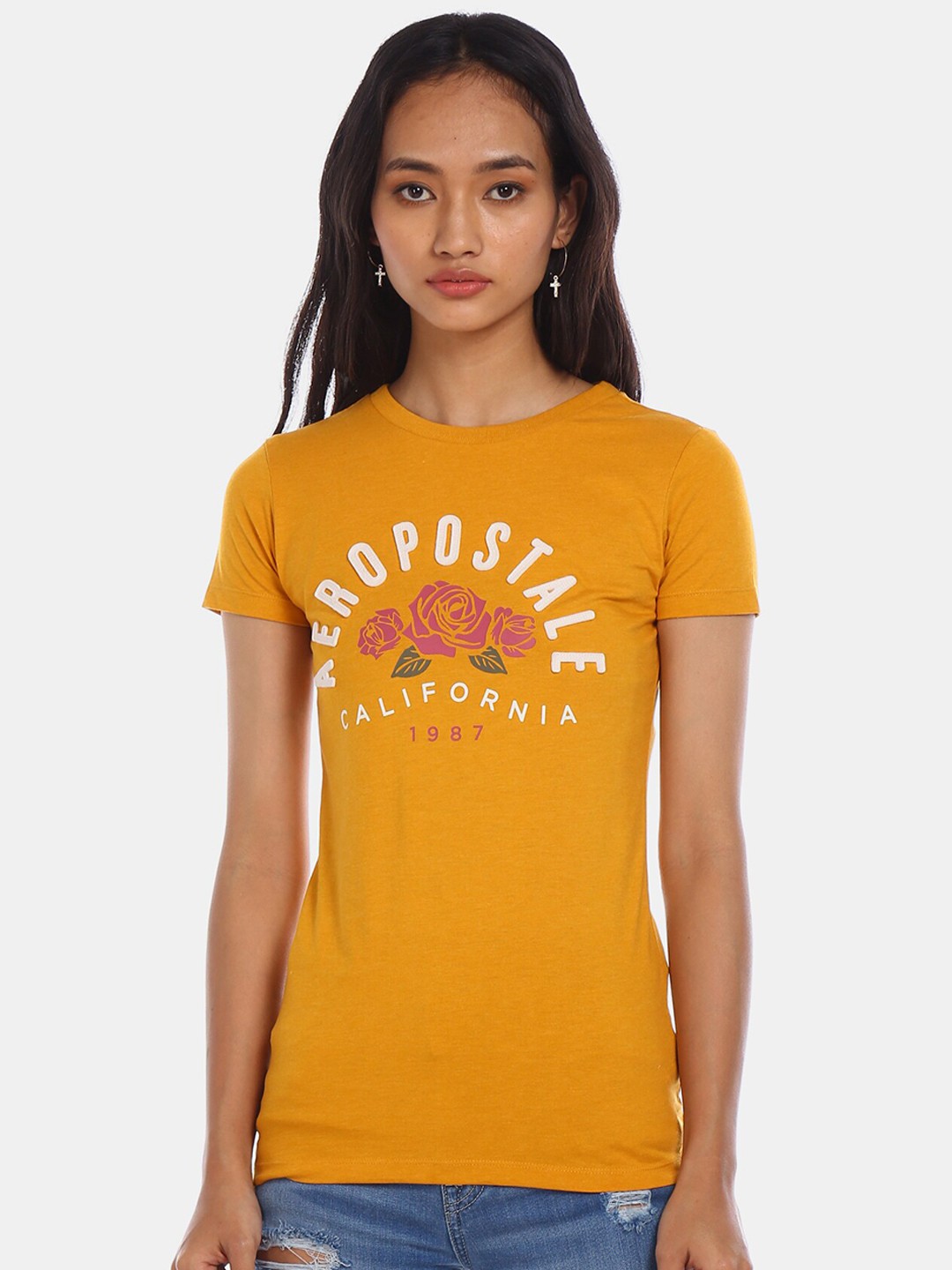 

Aeropostale Women Yellow Printed Round Neck T-shirt
