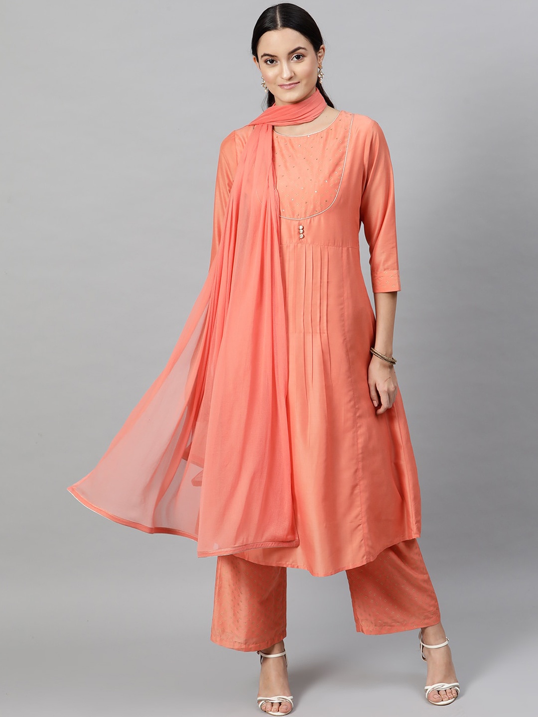 STREET 9 Women Orange & Gold-Toned Yoke Design Kurta with Palazzos & Dupatta
