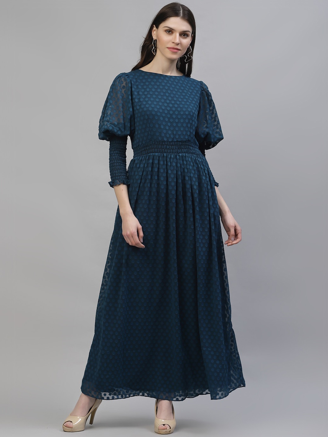 

Athena Women Teal Blue Self Design Maxi Dress