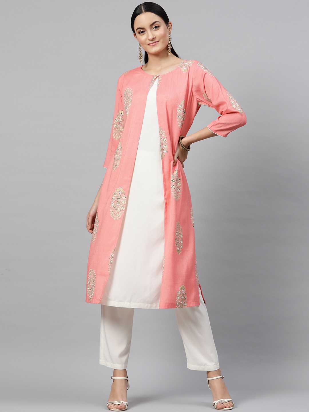 

STREET 9 Women Peach-Coloured & White Printed Layered Kurta with Palazzos