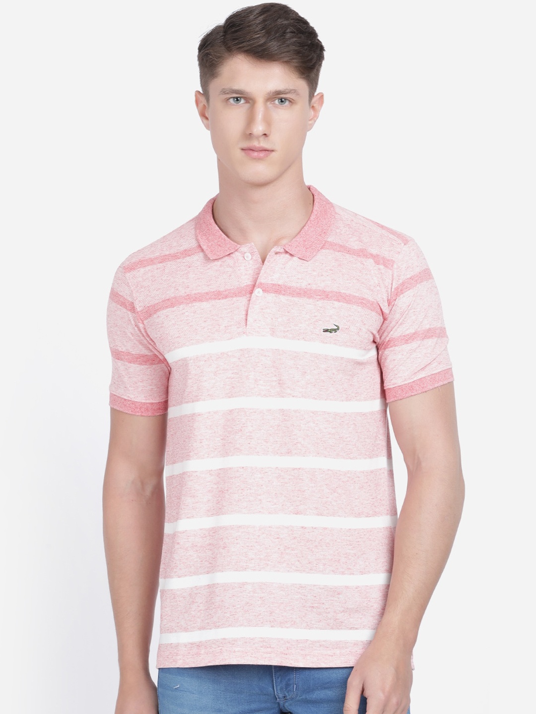 

Crocodile Men Pink Striped Polo Collar T-shirt