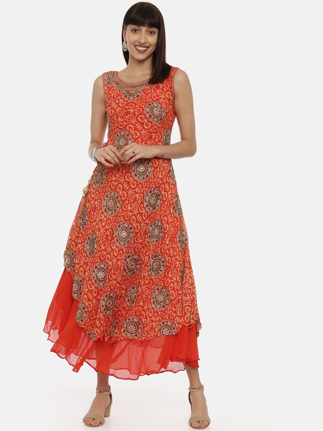 

Neerus Women Orange Printed Maxi Dress