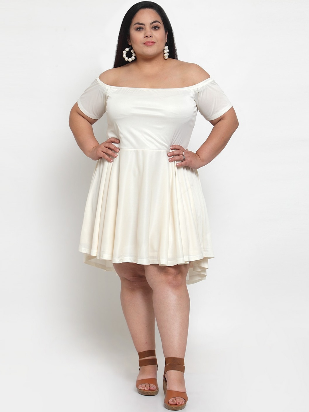 

Flambeur Women Off-White Solid Fit and Flare Off Shoulder Dress