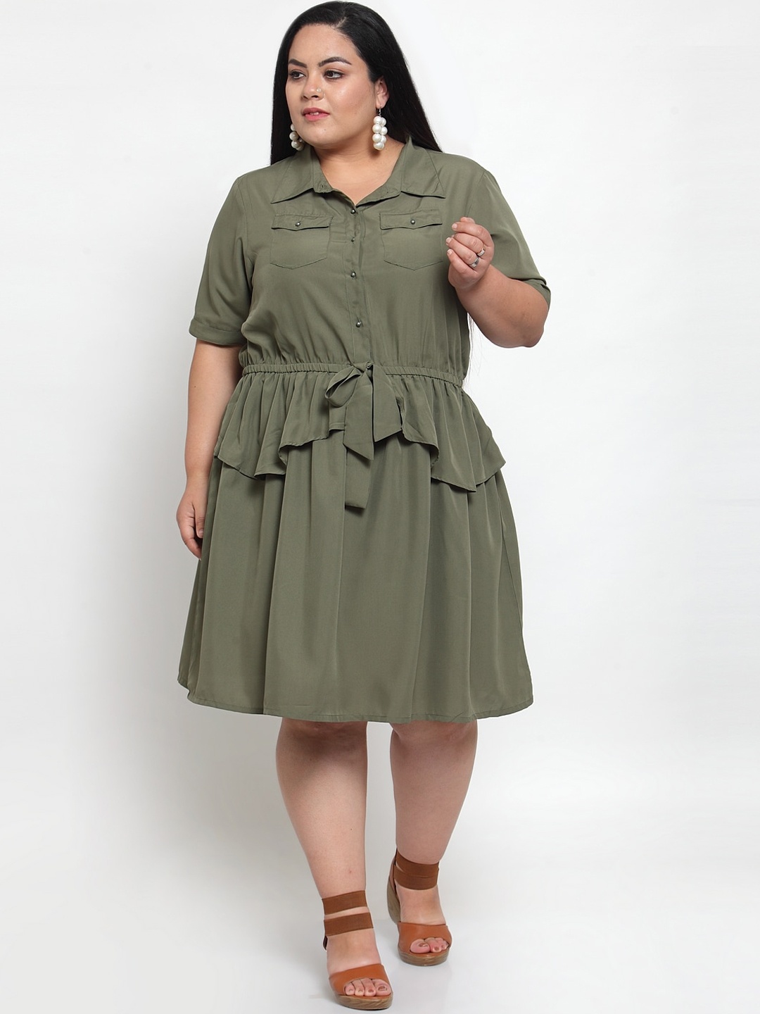 

Flambeur Women Green Solid Shirt Dress