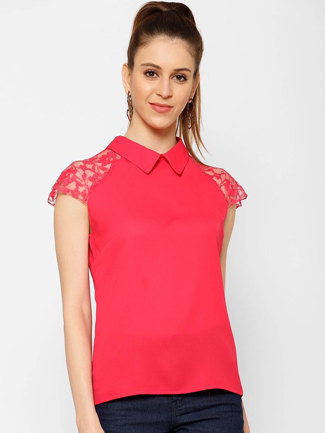 

KASSUALLY Women Fuchsia Pink Self Design Georgette Top