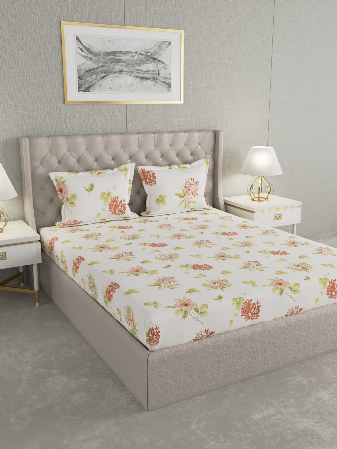 

Raymond Home White & Green Floral 104 TC Cotton 1 Queen Bedsheet with 2 Pillow Covers