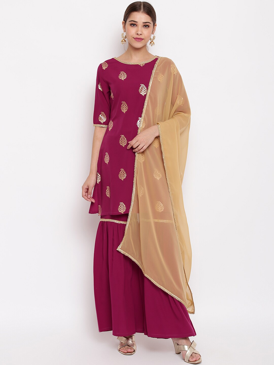 

Janasya Women Magenta Printed Kurta with Sharara & Dupatta