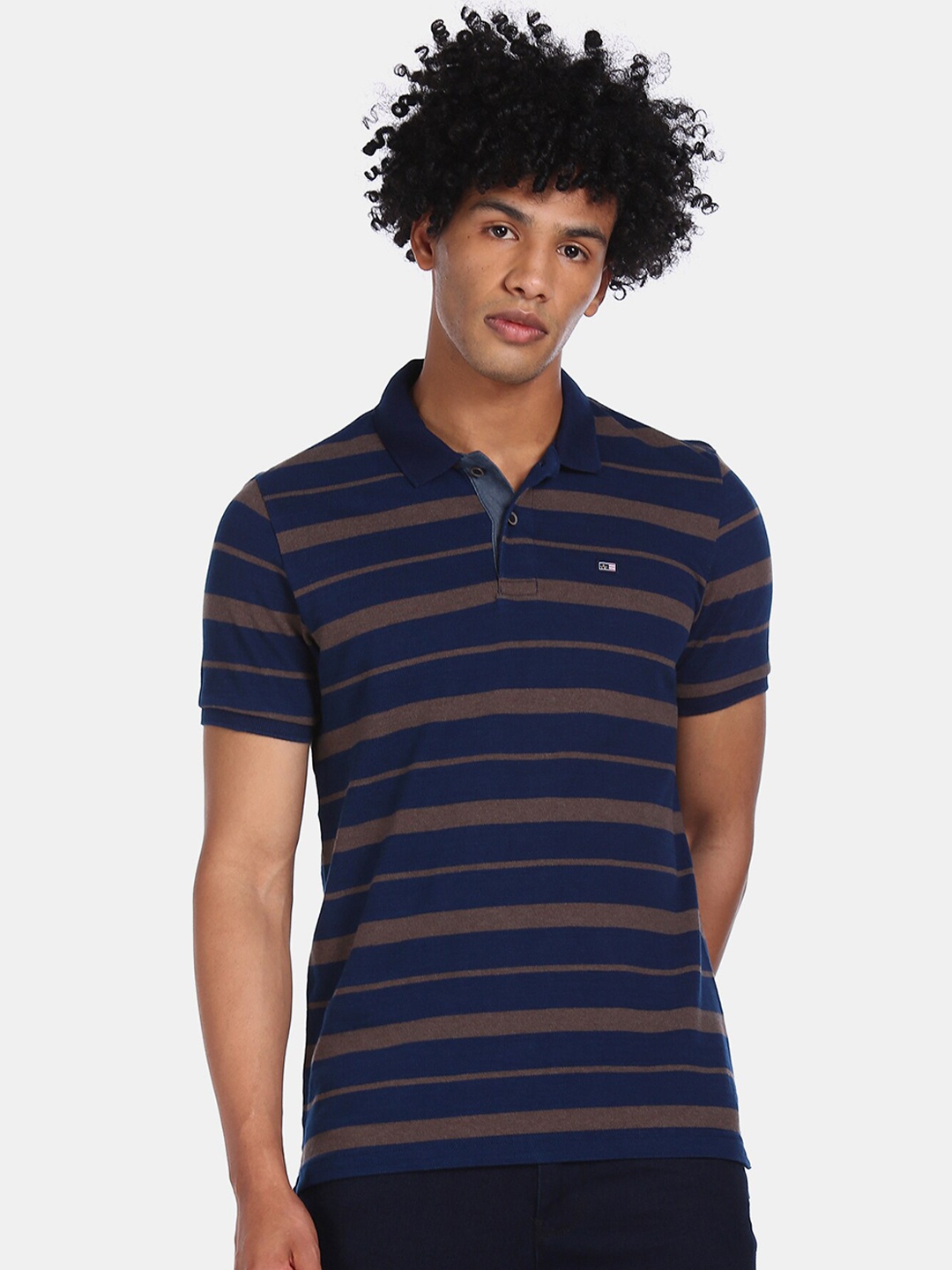 

Arrow Sport Men Blue Striped Polo Collar T-shirt
