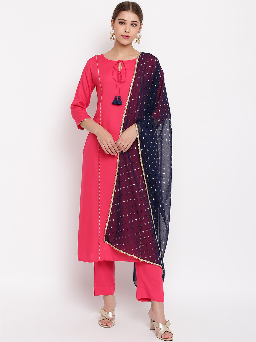 

Janasya Women Pink & Blue Solid Kurta with Trousers & Dupatta