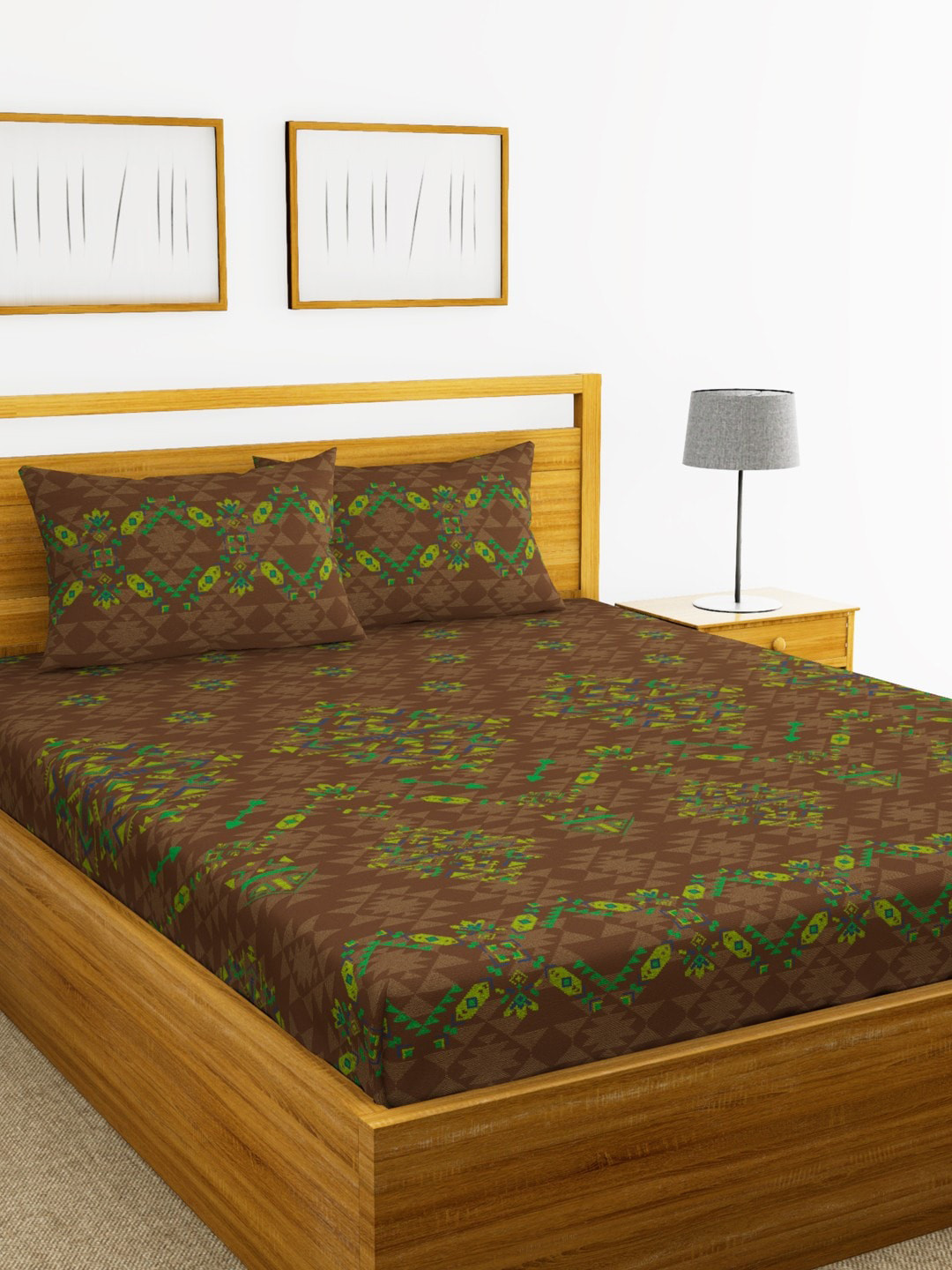 

BIANCA Brown & Green Ethnic Motifs 180 TC Cotton 1 King Bedsheet with 2 Pillow Covers