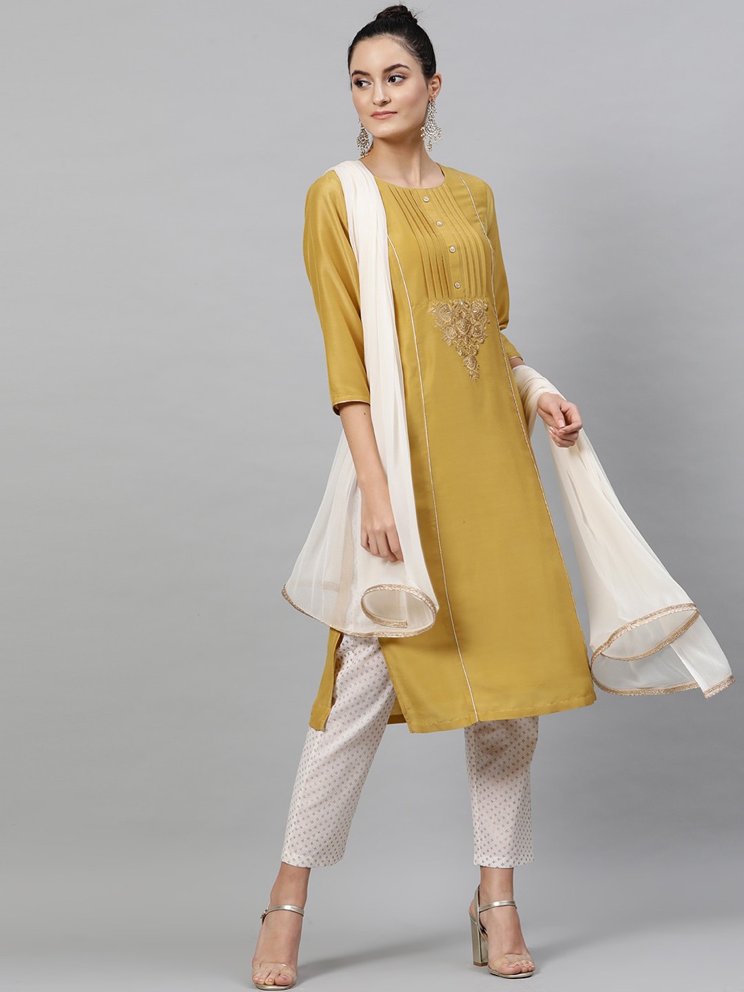 

STREET 9 Women Mustard Yellow & White Solid Kurta with Trousers & Dupatta