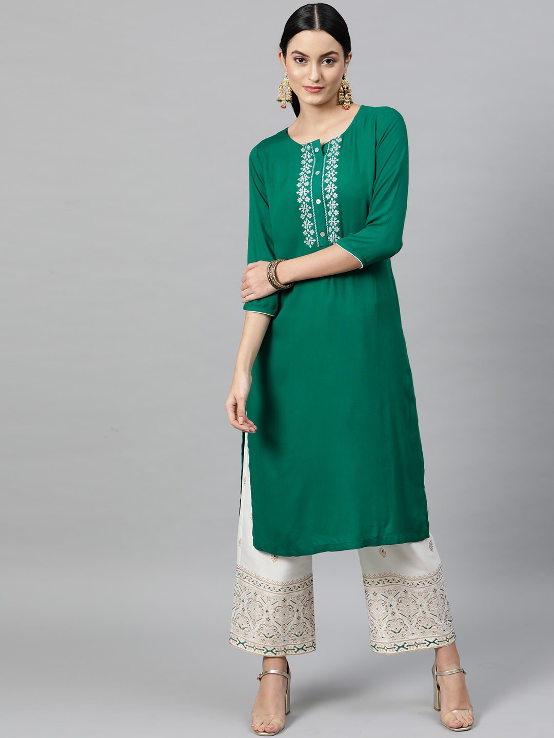 

STREET 9 Women Green Yoke Design Kurti with Palazzos
