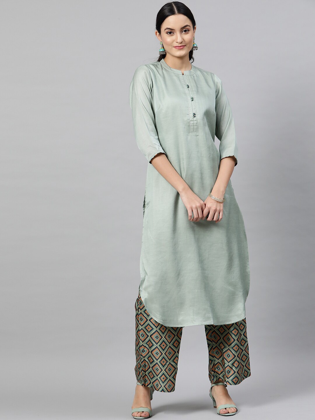 

STREET 9 Women Sea Green & Brown Self Design Kurta with Palazzos