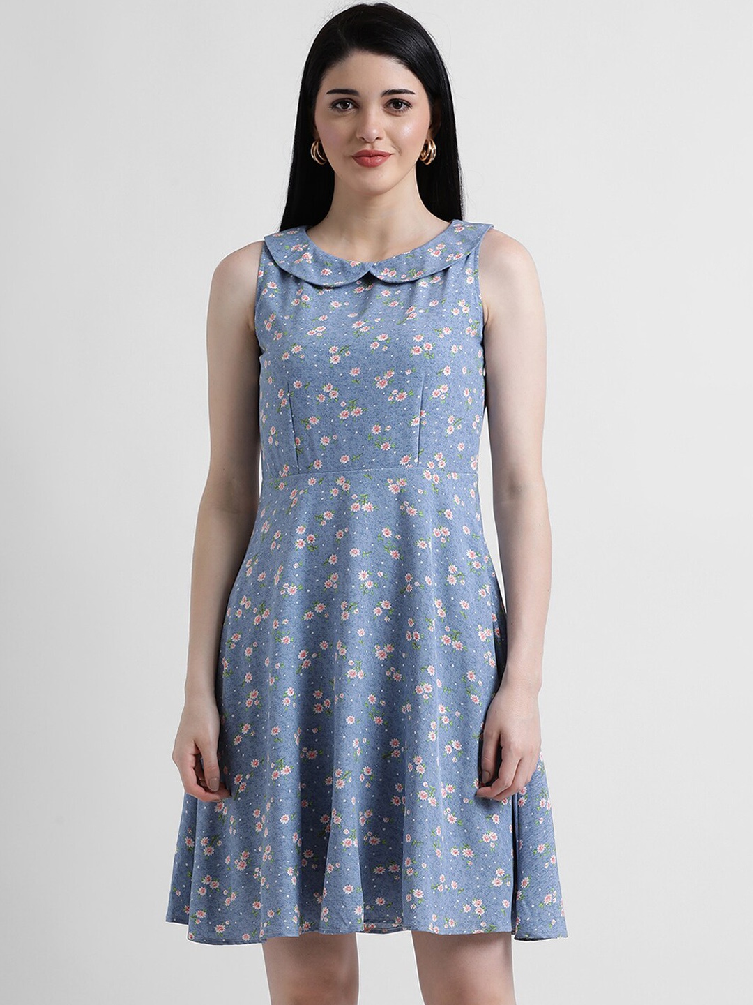

Zink London Women Blue Floral Printed A-Line Dress