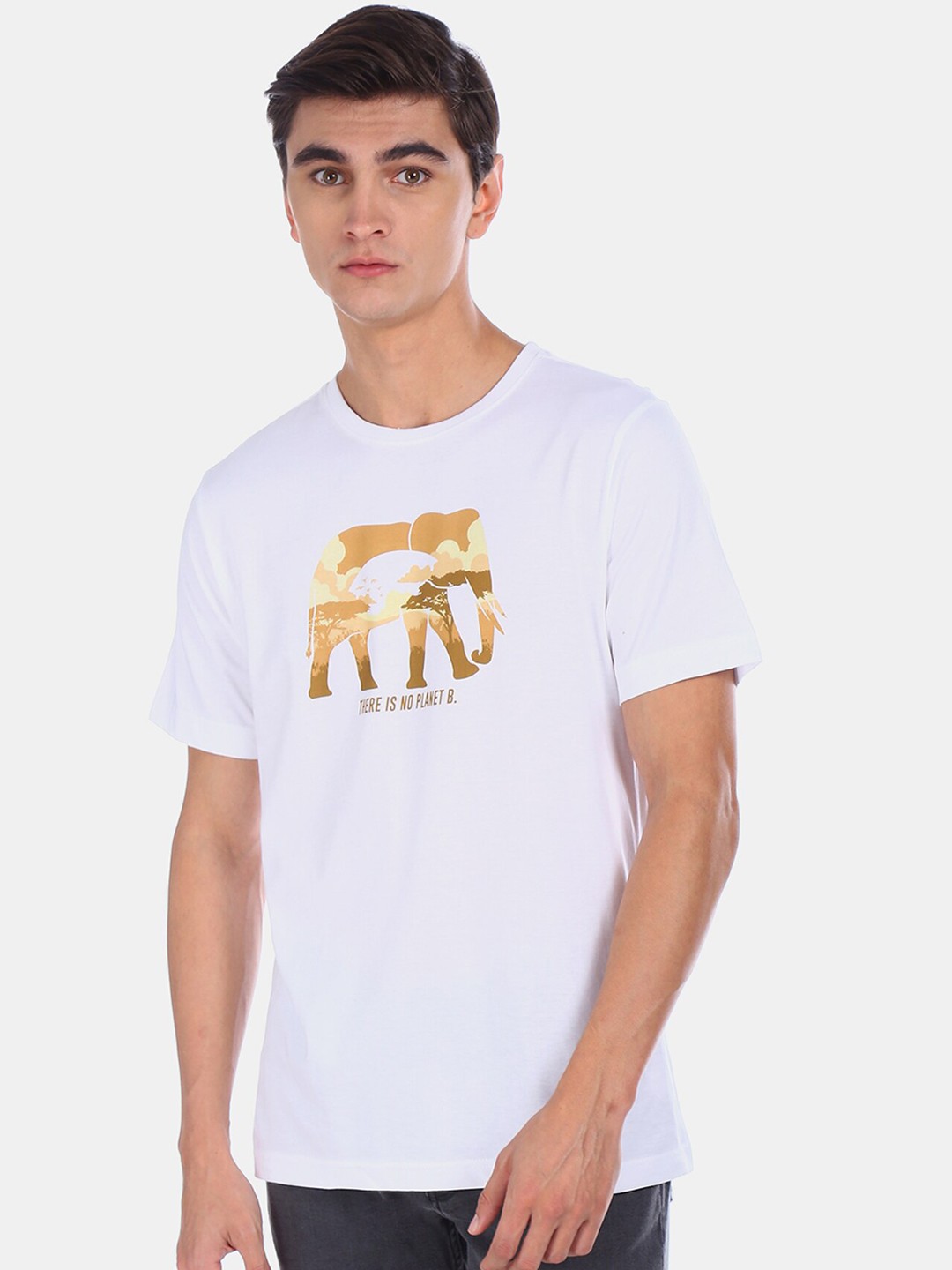 

Colt Men White Printed Round Neck Cotton T-shirt