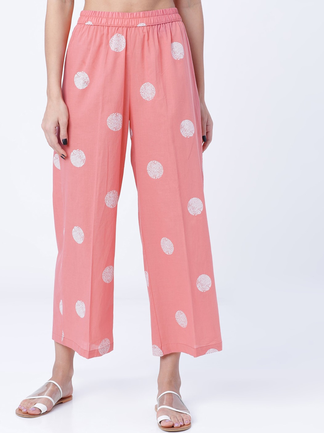 Vishudh Women Pink & White Polka Dot Printed Straight Palazzos