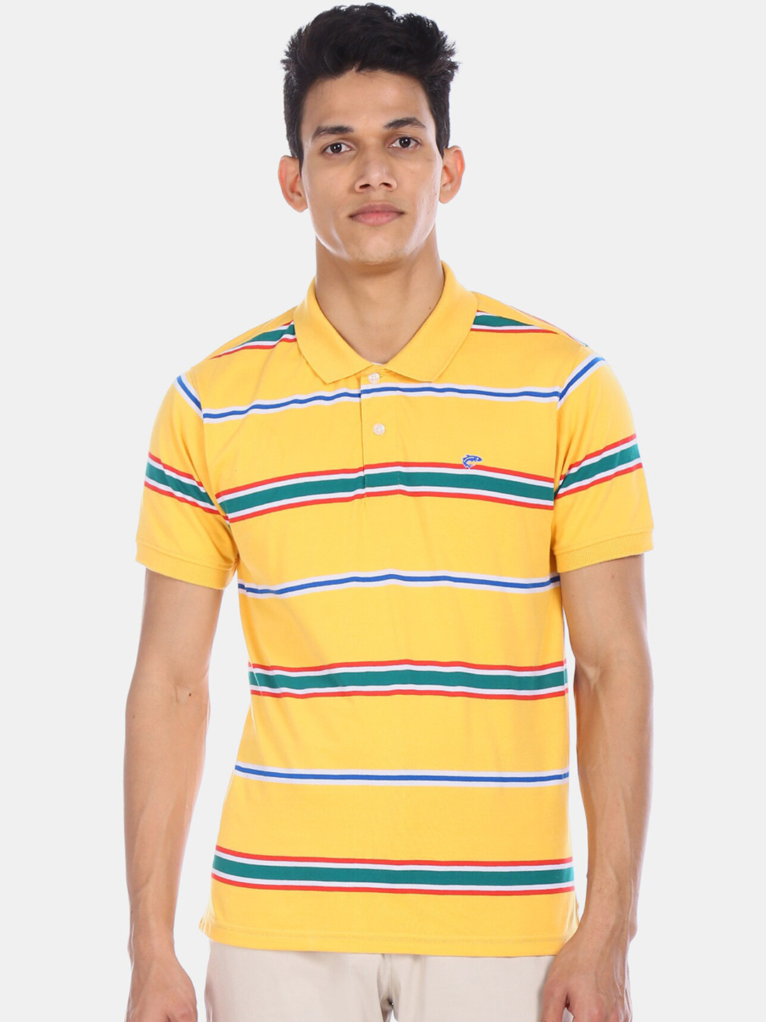 

Ruggers Men Yellow & Blue Striped Polo Collar T-shirt