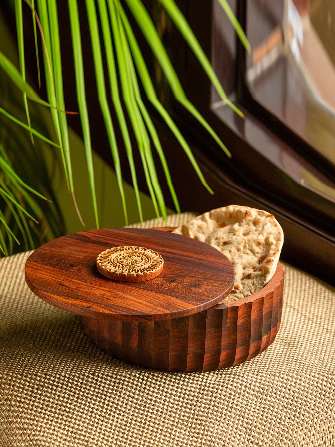 ExclusiveLane Brown Floral Block Hand Carved Sheesham Wooden Salad & Chapati Box