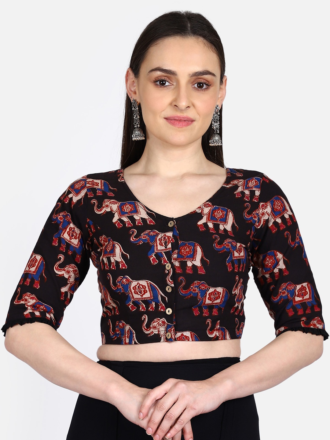 

THE WEAVE TRAVELLER Women Black & Red Printed Kalamkari Saree Blouse