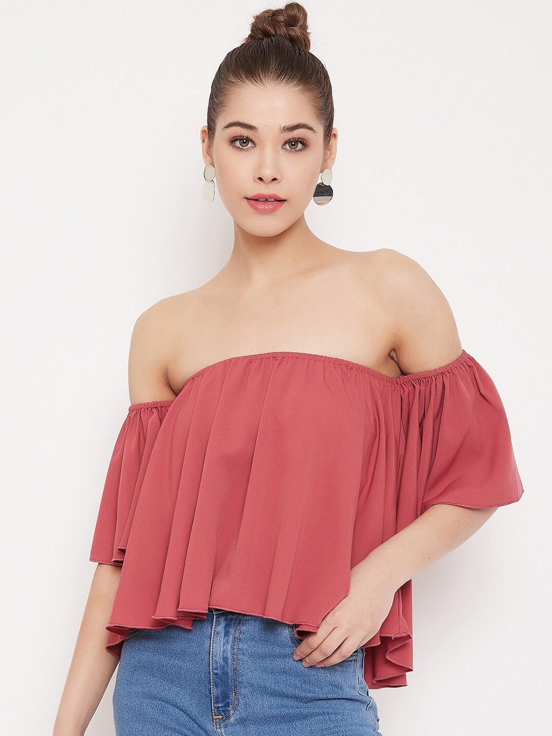 Berrylush Women Pink Solid Bardot Top