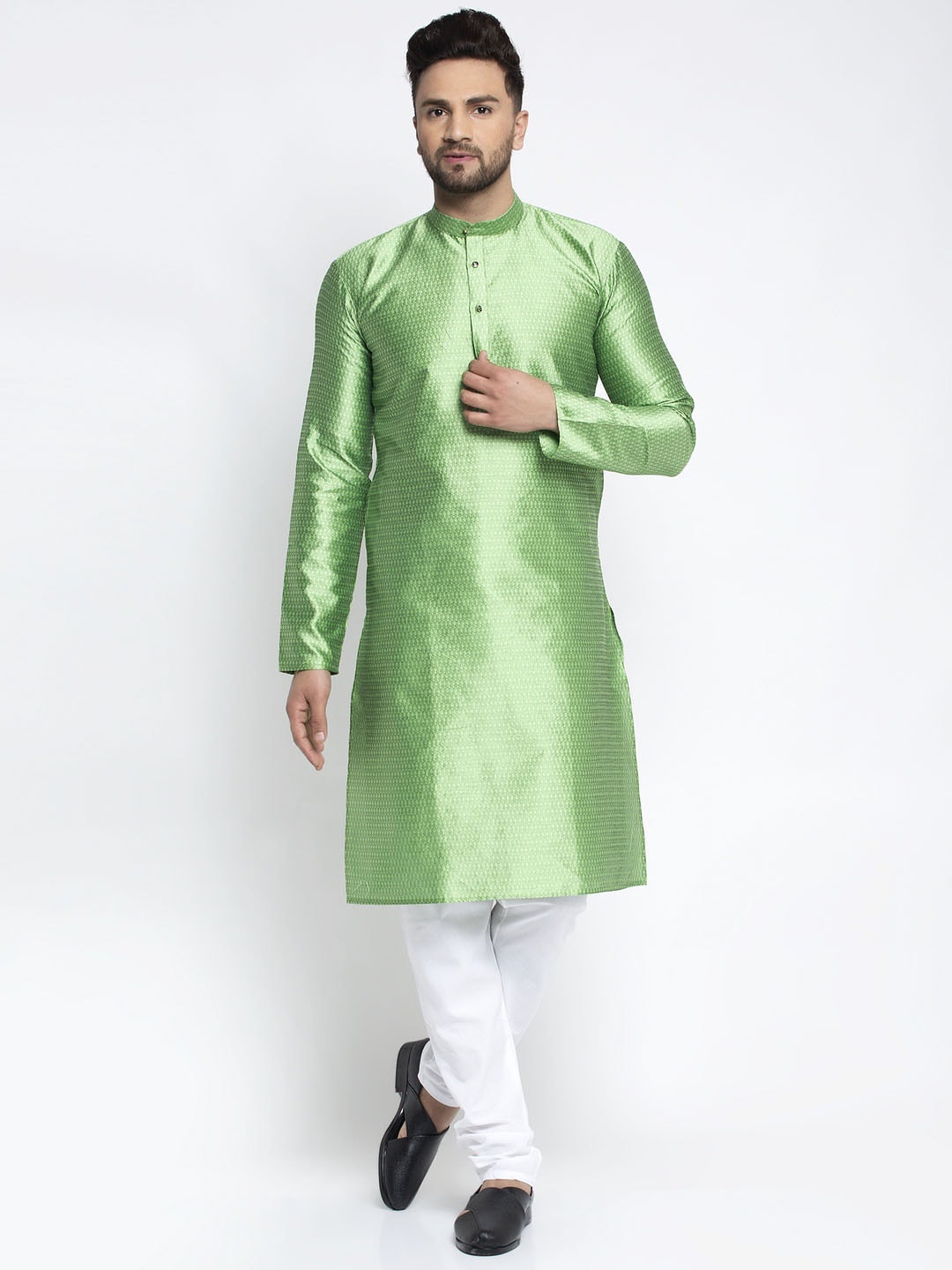 

Jompers Men Green & White Self Design Kurta with Churidar
