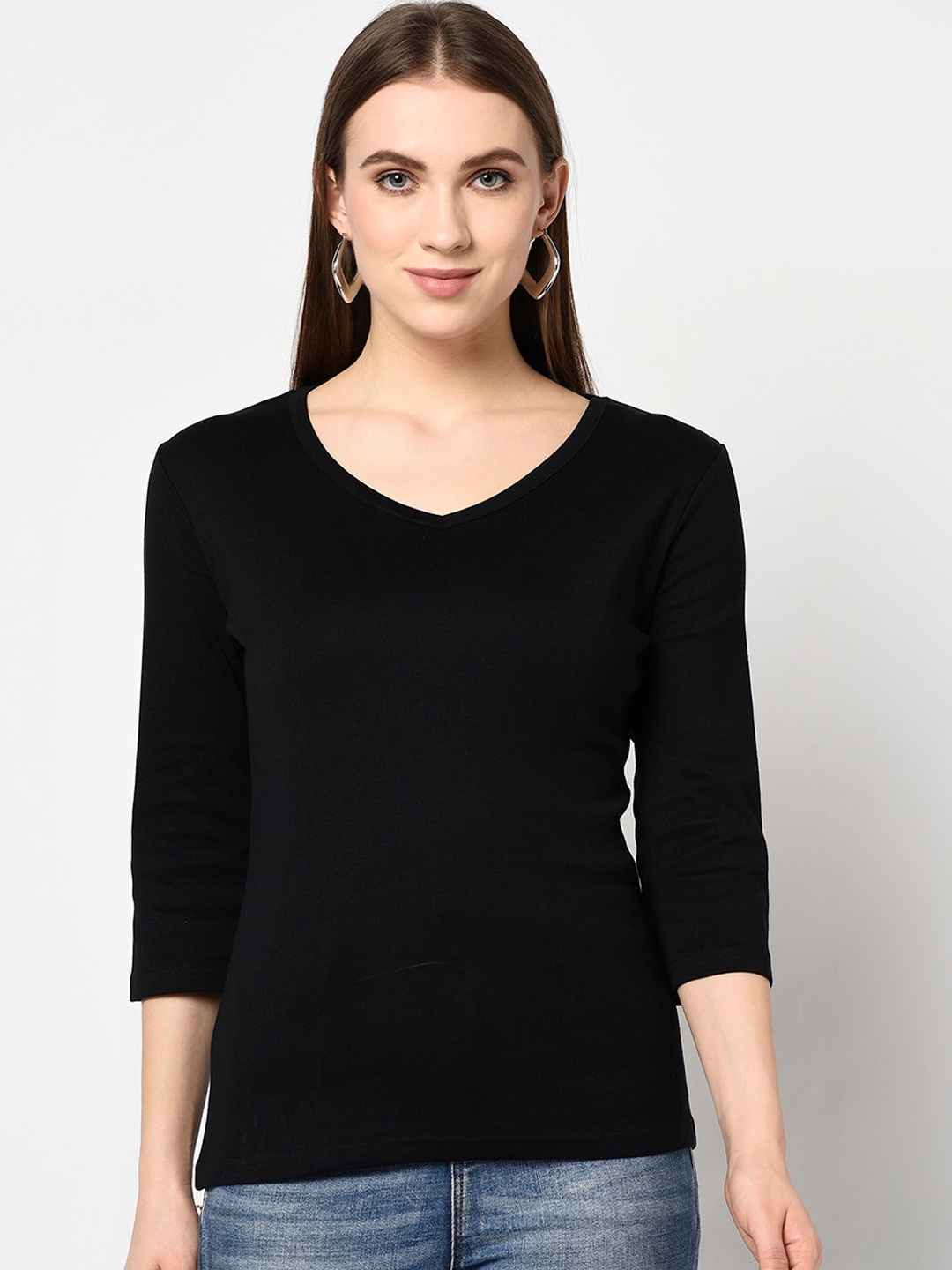 Espresso Women Black Solid V-Neck T-shirt