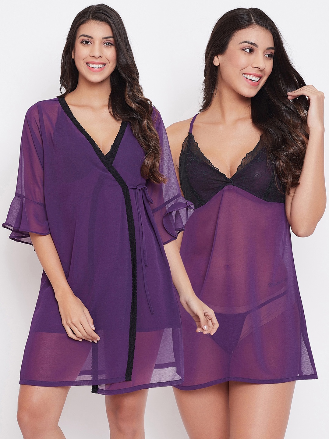 

Clovia Purple & Black Solid Baby Doll with Thong & Robe Set COMBNS195S