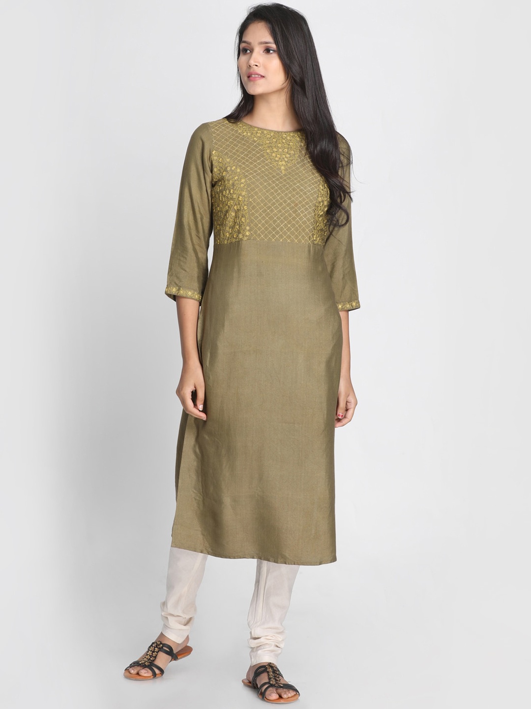 

Nakshi Women Olive Green Solid A-Line Kurta