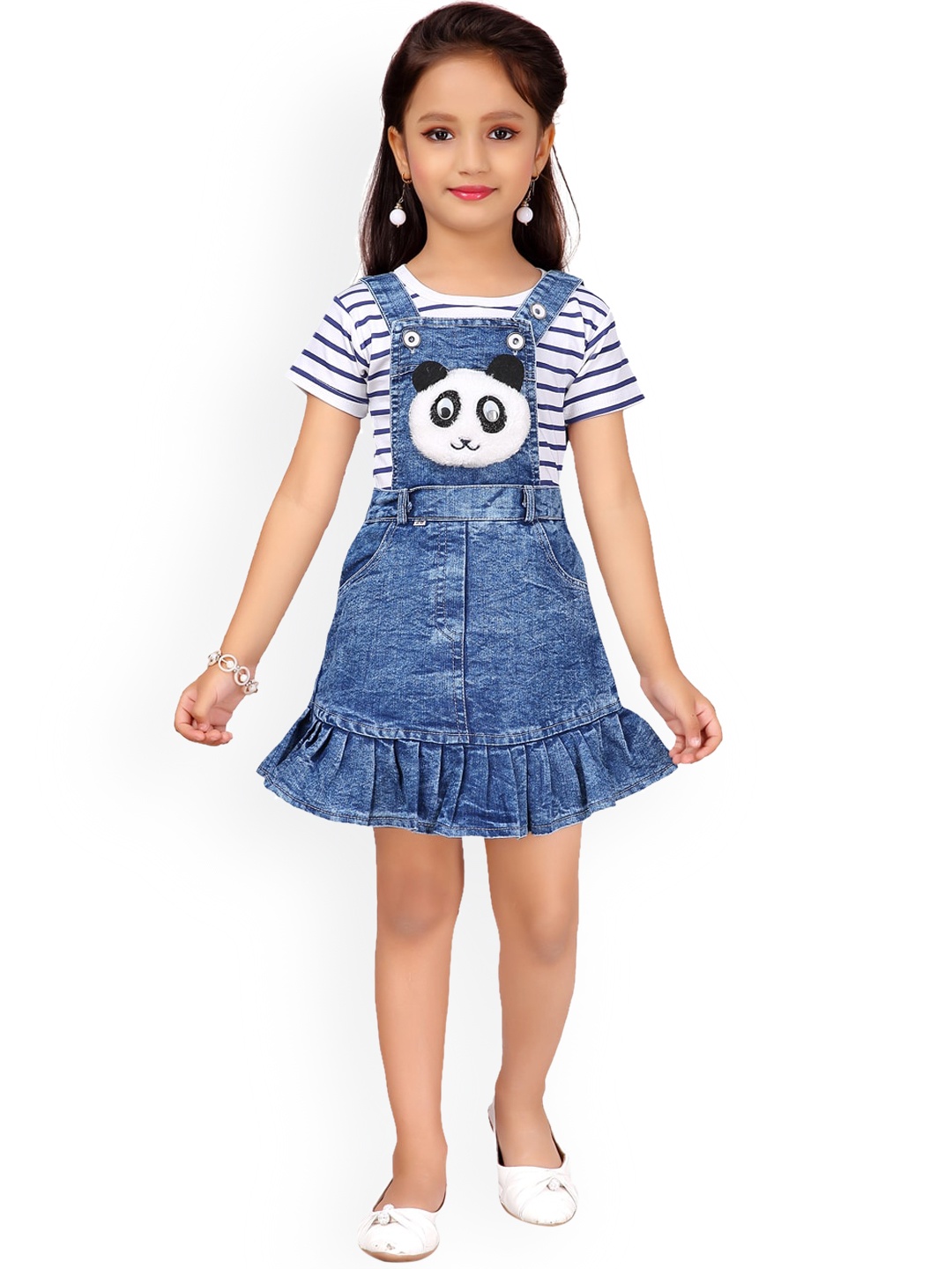 

Aarika Girls White & Blue Striped T-shirt with Skirt