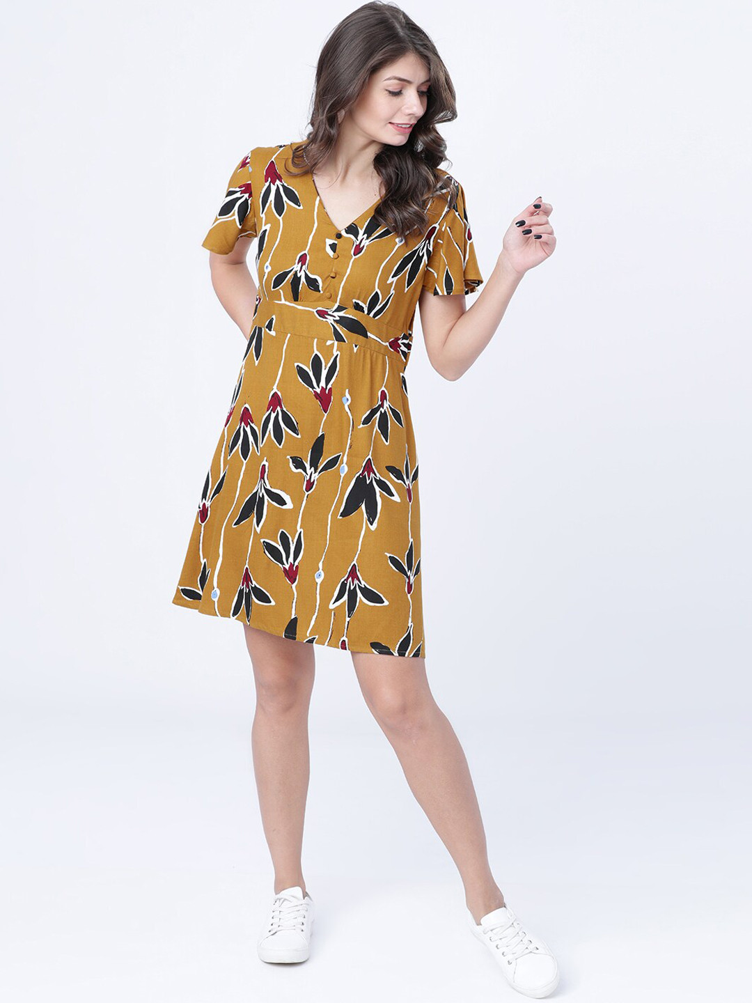 

Tokyo Talkies Women Yellow Printed A-Line Dress
