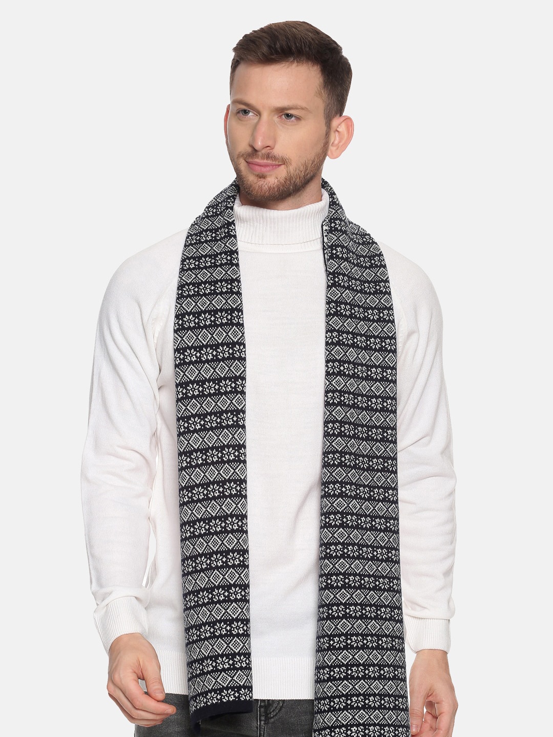 513 Men Navy Blue & White Woven Design Knitted Muffler