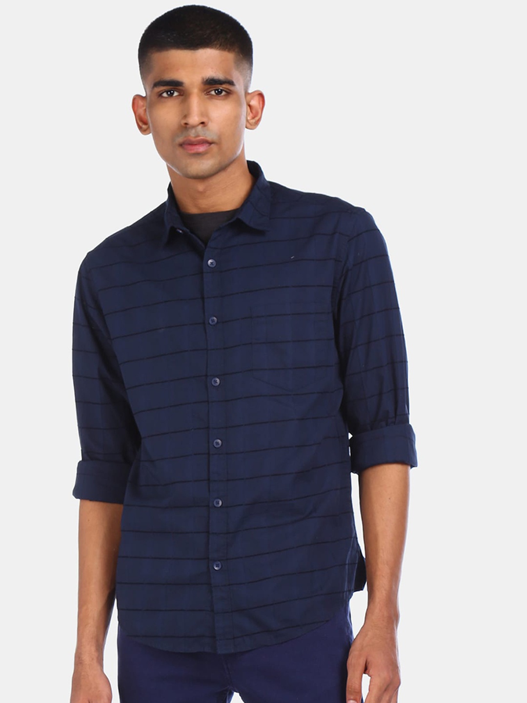 

Ruggers Men Navy Blue & Black Regular Fit Checked Casual Shirt