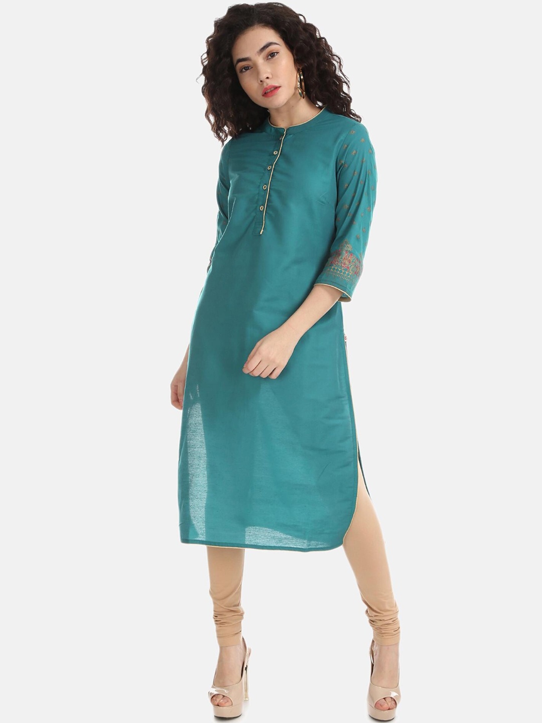 

Karigari Women Teal Solid Straight Kurta