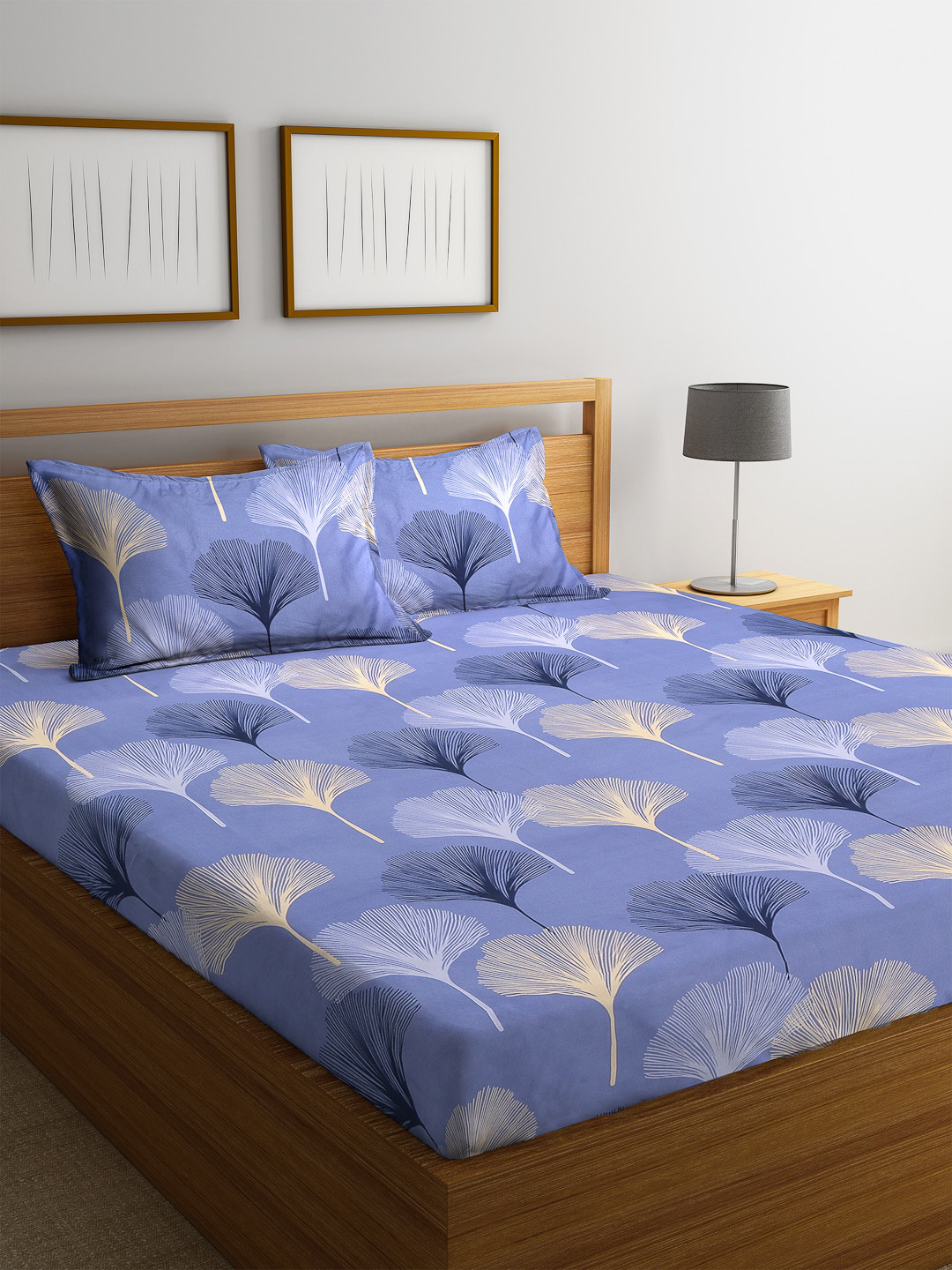 

Home Sizzler Blue & Beige Floral 144 TC Polyester 1 Queen Bedsheet with 2 Pillow Covers