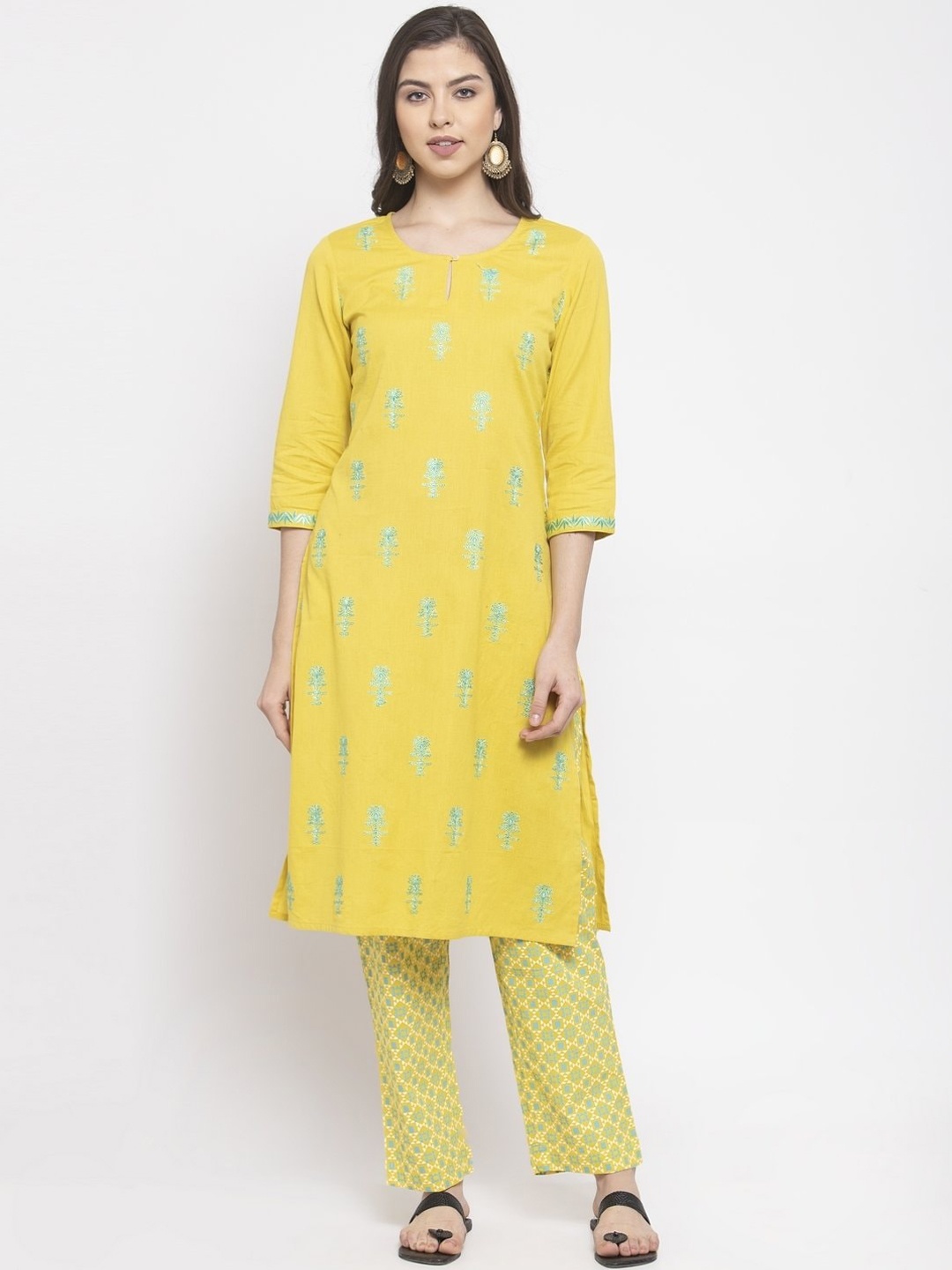

The Kurta Express Women Yellow & Green Embroidered Kurta with Trousers