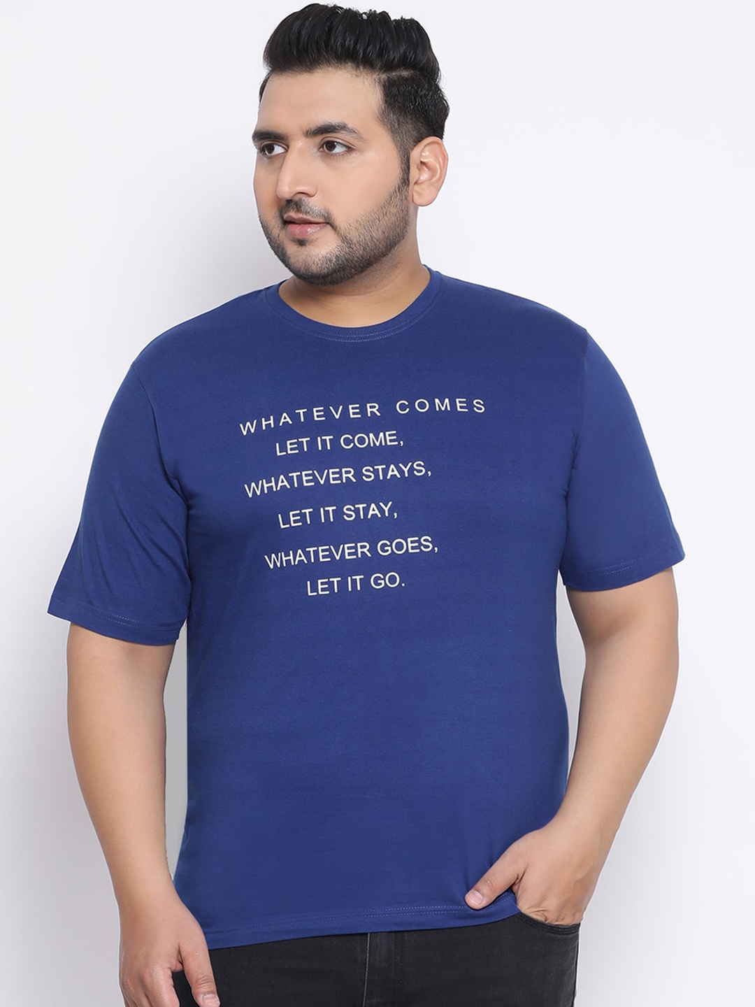 YOLOCLAN Plus Size Men Blue Printed Round Neck T-shirt