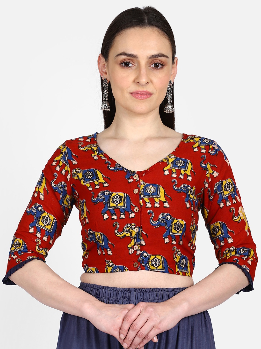 

THE WEAVE TRAVELLER Women Red & Blue Printed Kalamkari Saree Blouse