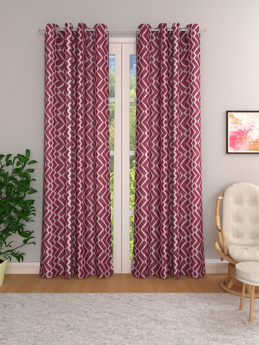 

ROMEE Maroon & White Set of 2 Room Darkening Door Curtains