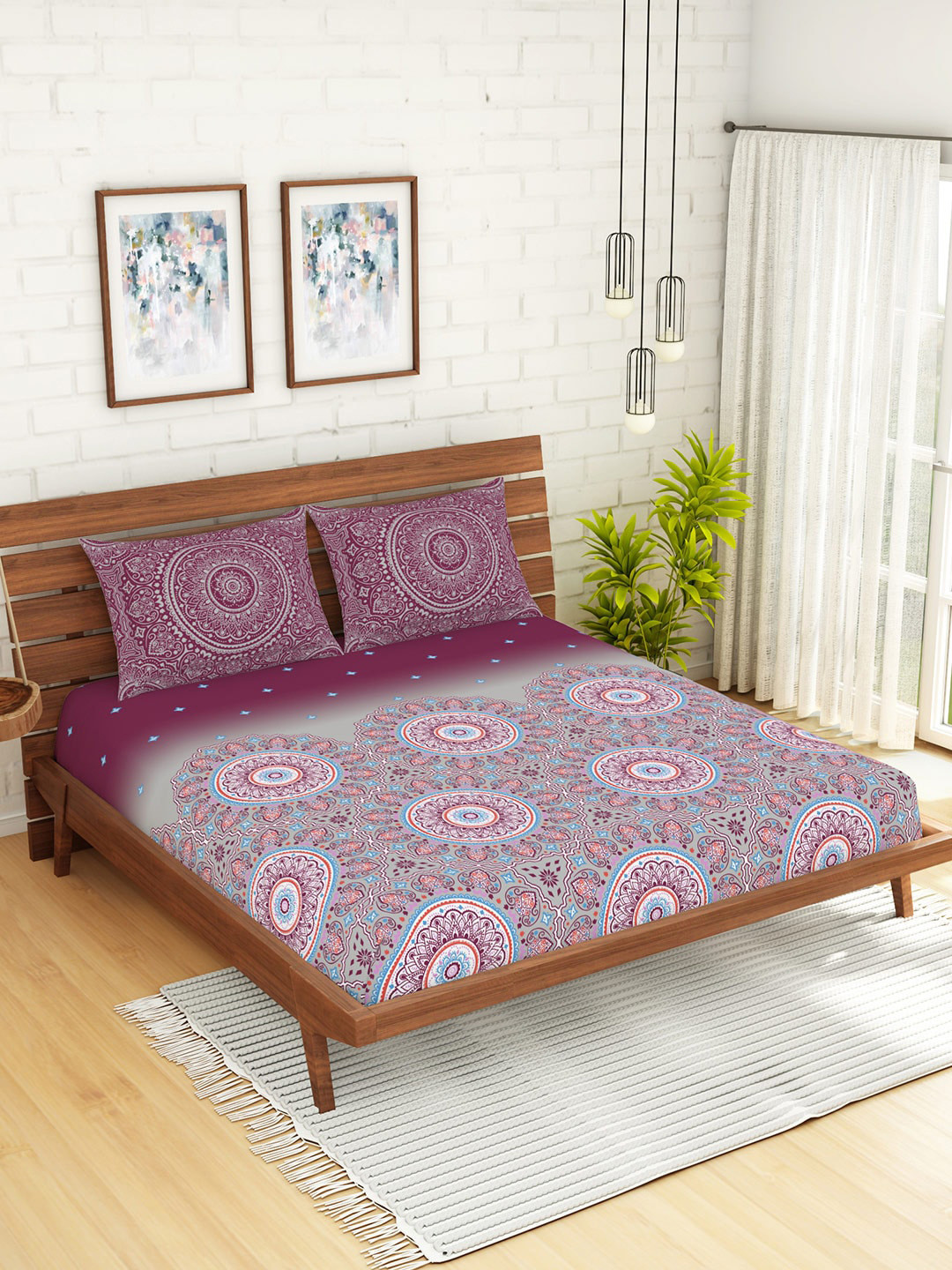 

SPACES Burgundy & Blue Ethnic Motifs 144 TC Cotton 1 Queen Bedsheet with 2 Pillow Covers