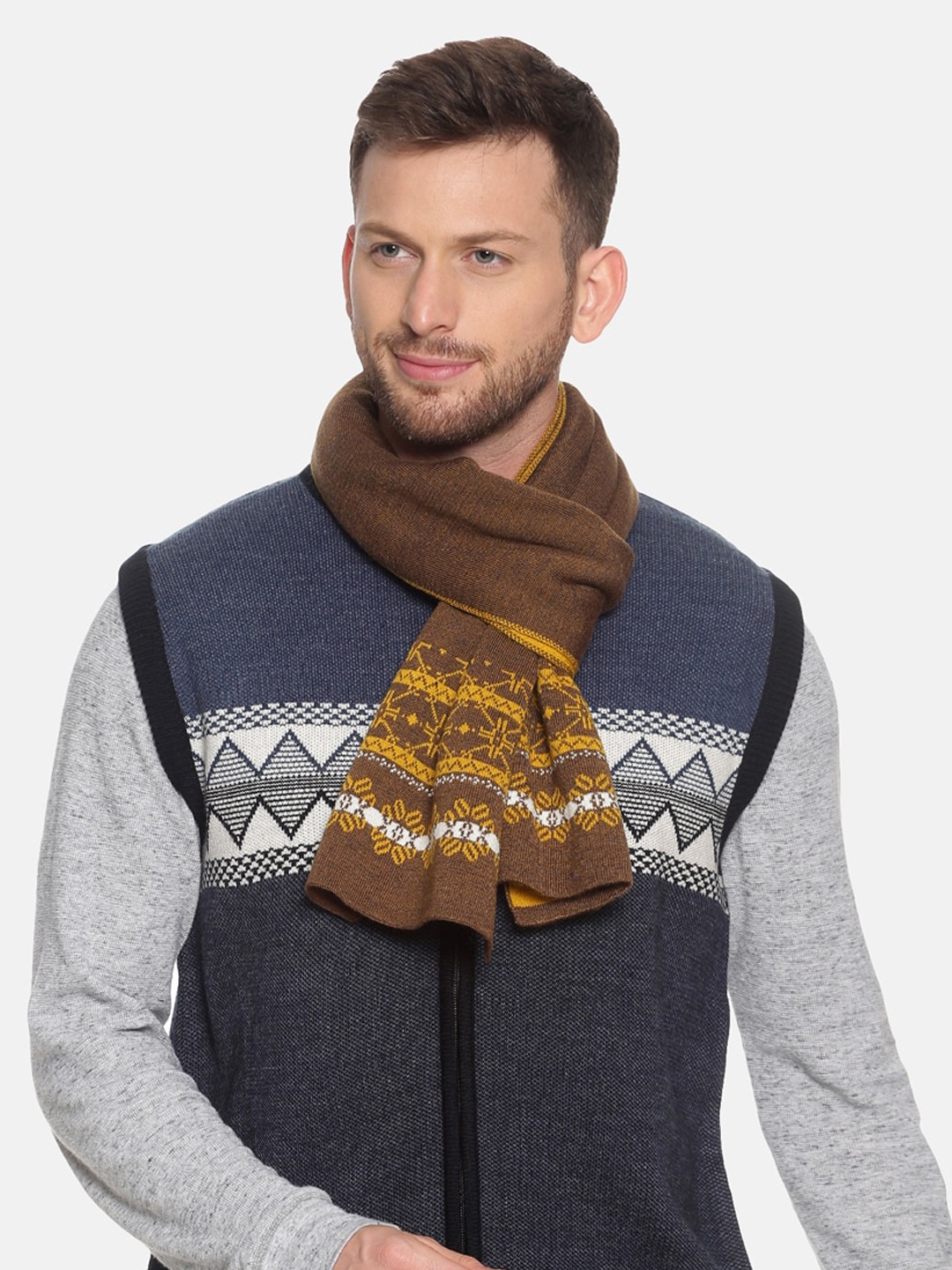 

513 Men Brown & Yellow Woven-Design Premium Quality Knitted Muffler