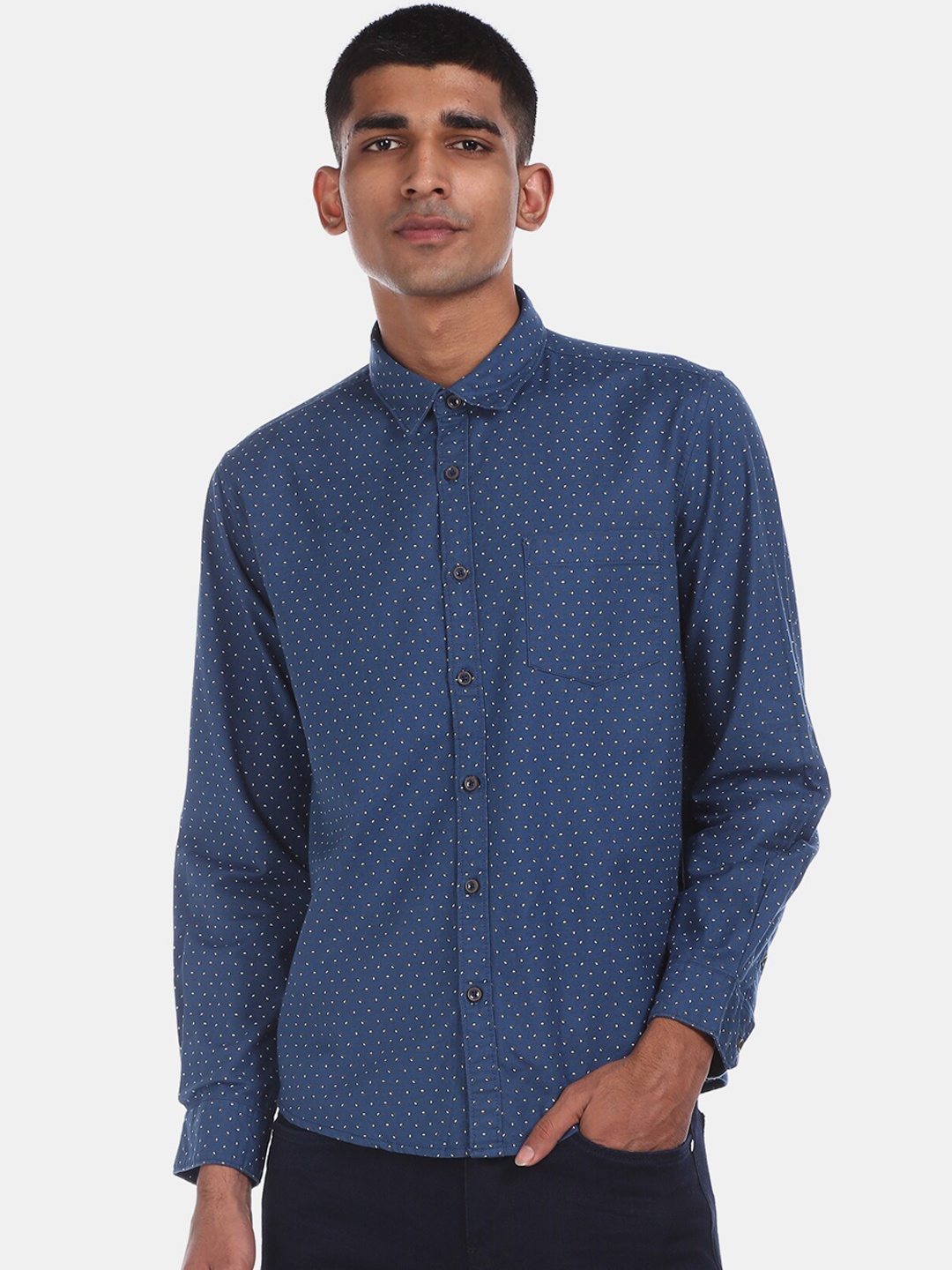 

Ruggers Men Navy Blue Printed Cotton Casual Shirt