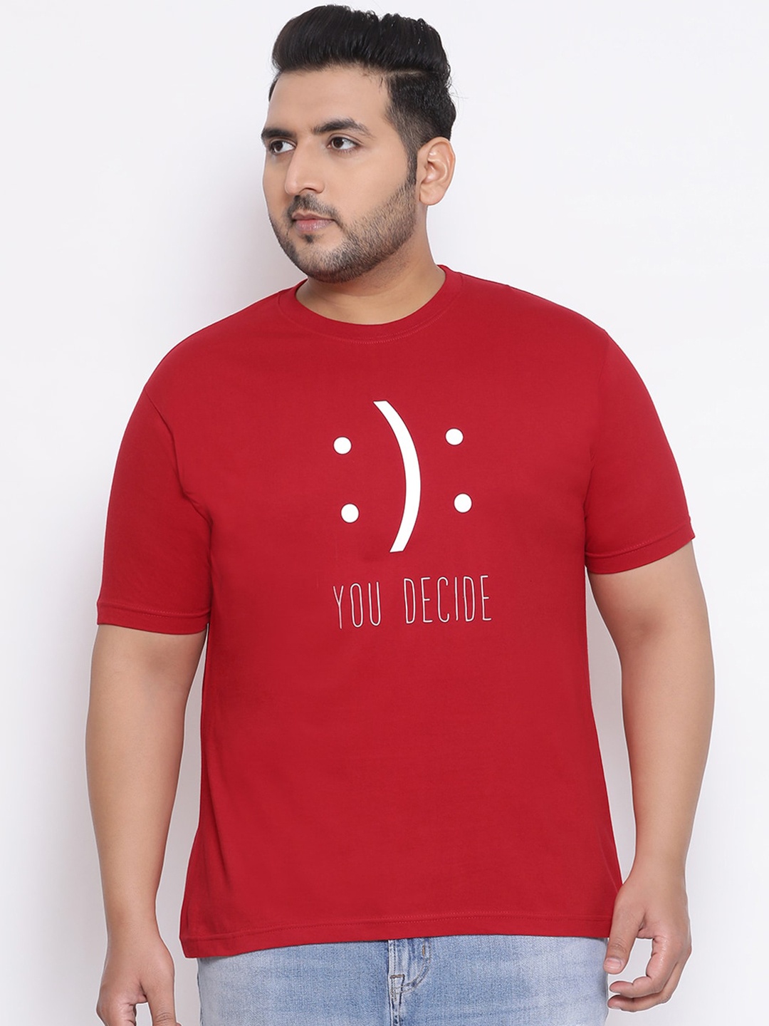 

YOLOCLAN Plus Size Men Red Printed Round Neck Cotton T-shirt
