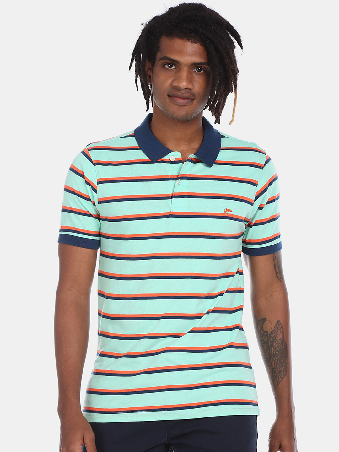 

Ruggers Men Green Striped Polo Collar T-shirt