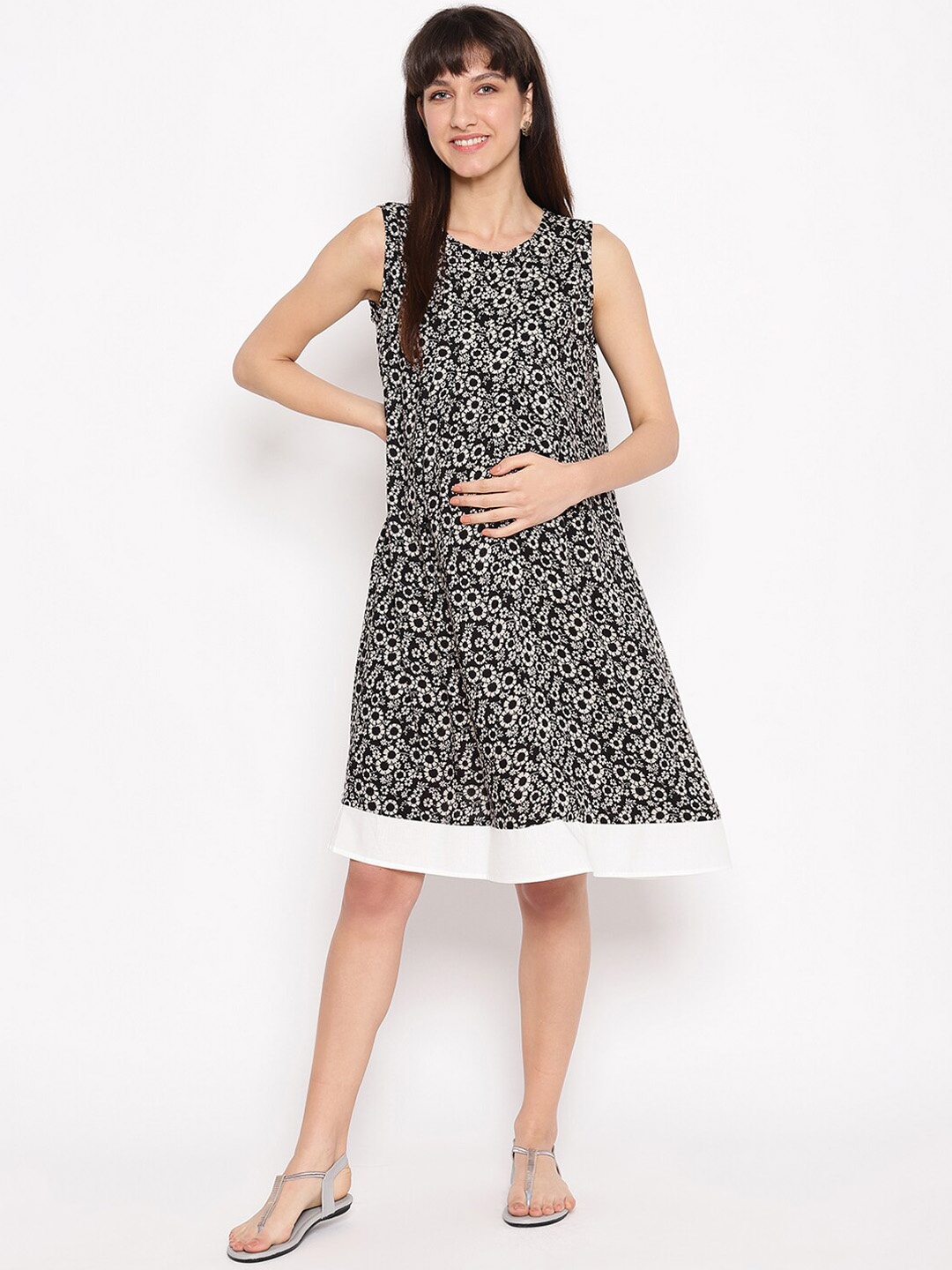 

The Vanca Women Black Printed A-Line Maternity Dress