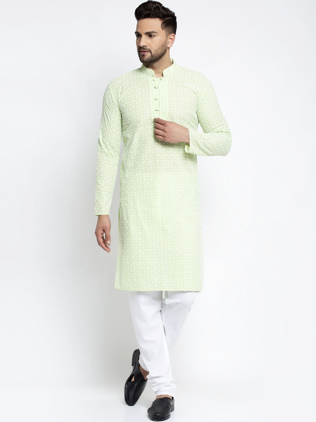 Jompers Men Green Embroidered Kurta with Pyjamas
