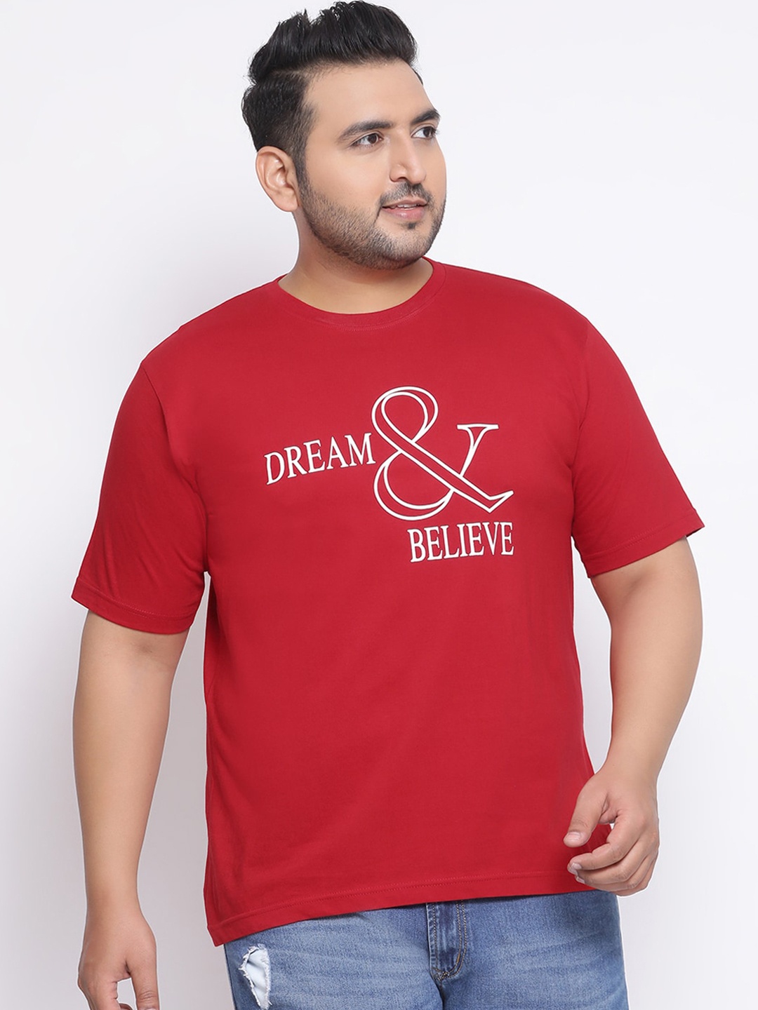 YOLOCLAN Plus Size Men Red Printed Round Neck Cotton T-shirt