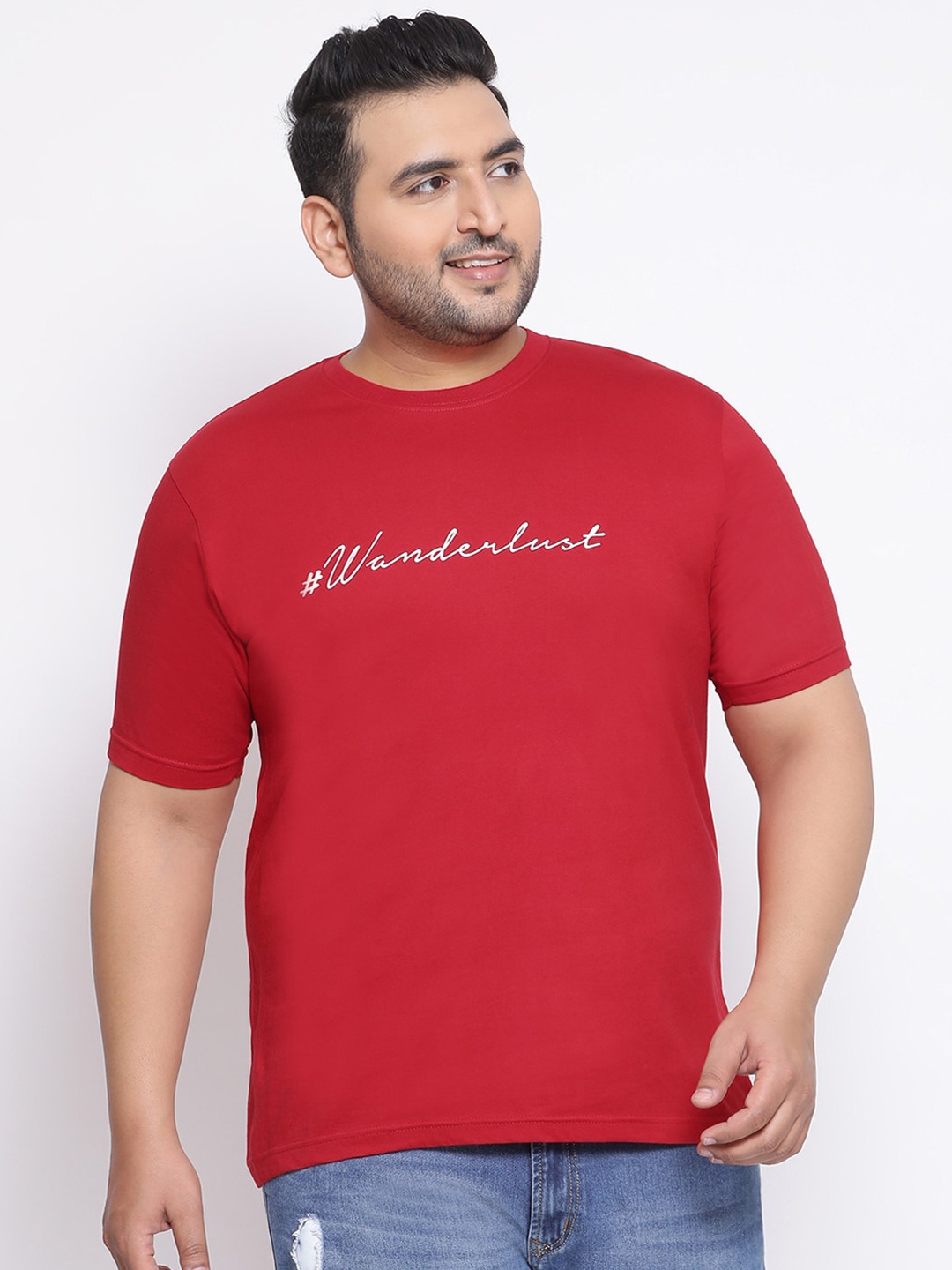 YOLOCLAN Plus Size Men Red Printed Round Neck T-shirt