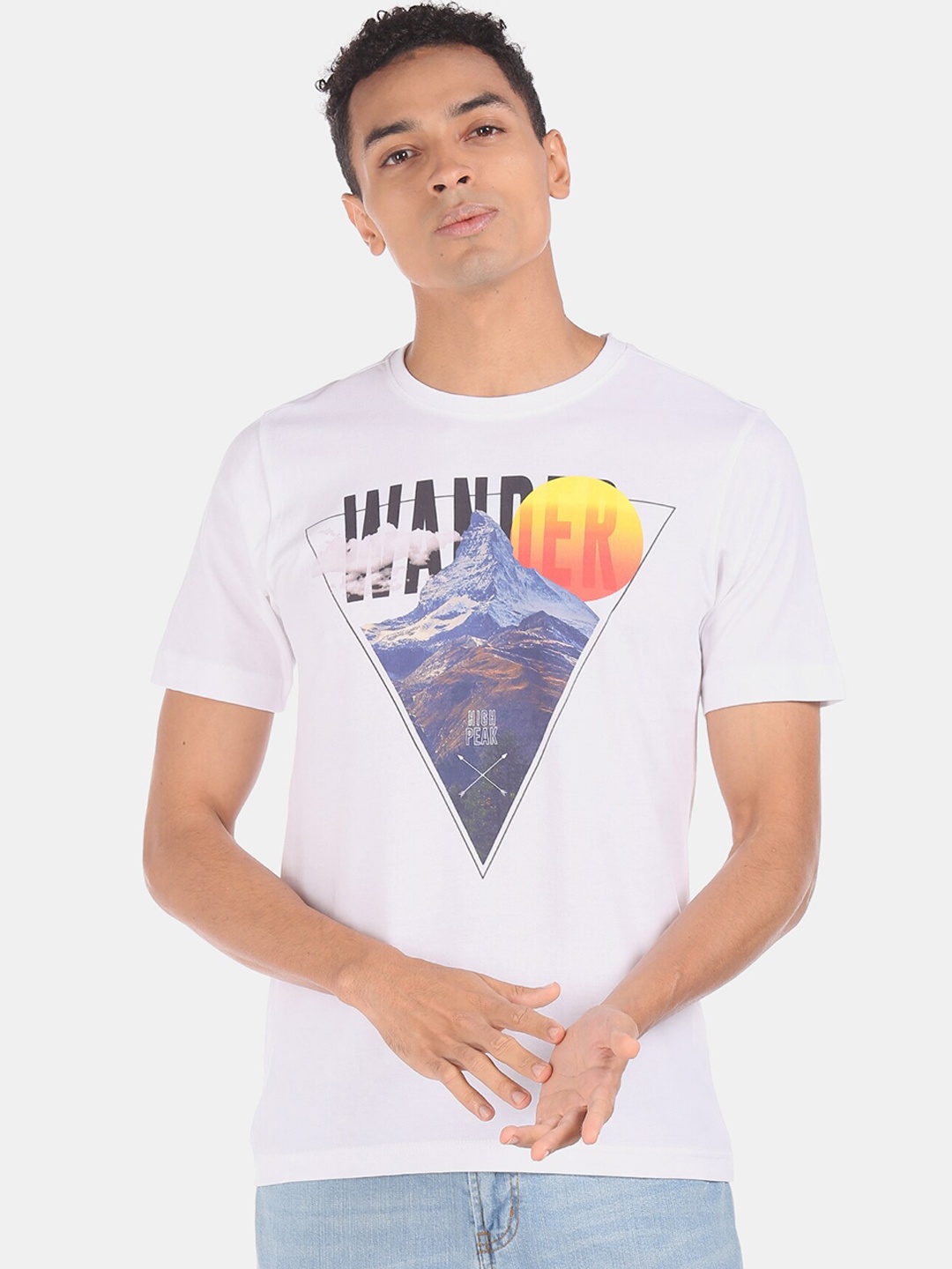 Colt Men White Printed Cotton Round Neck Pure Cotton T-shirt