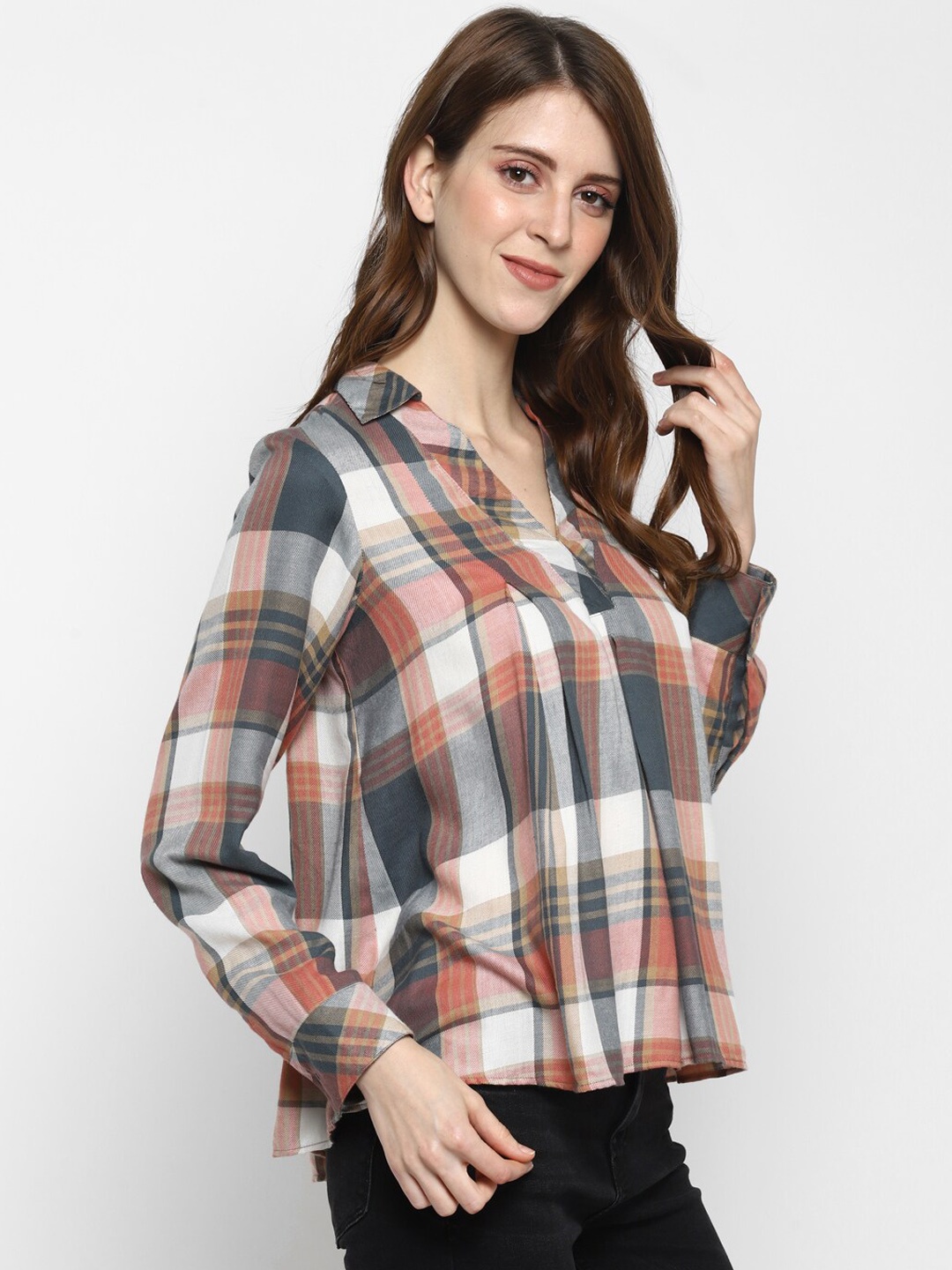 

Taurus Women White & Grey Checked Shirt Style Top